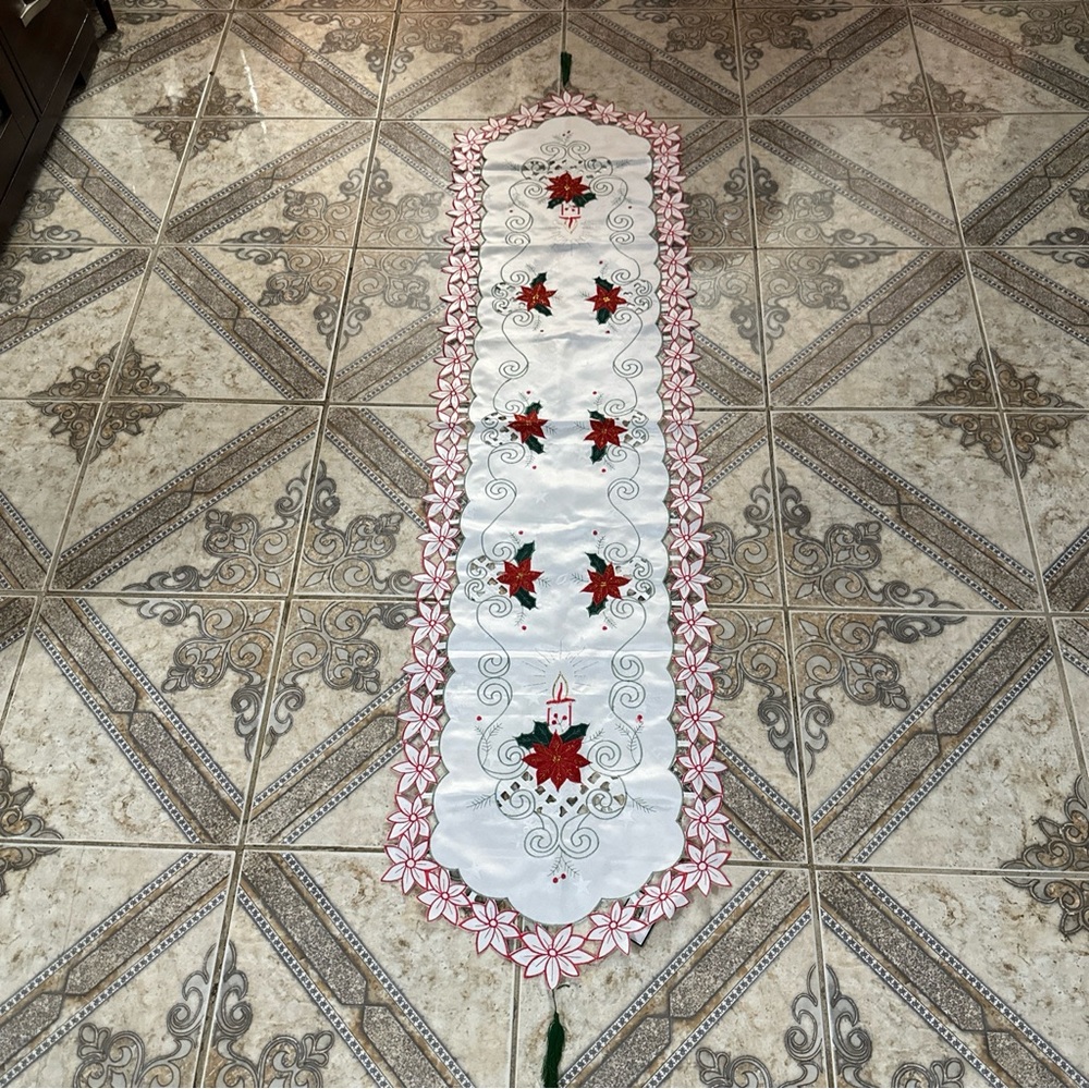 Christmas Embroidered Table Runner-Poinsettias Candle Holly Red & White 15" x58"